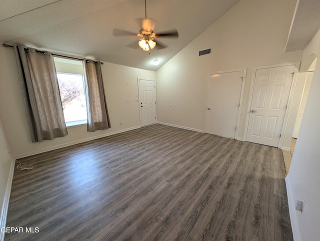 11740 Autumn Wheat Dr, El Paso, TX 79934 - unfurnished room with a ceiling fan, wood finished floors, baseboards, and high vaulted ceiling