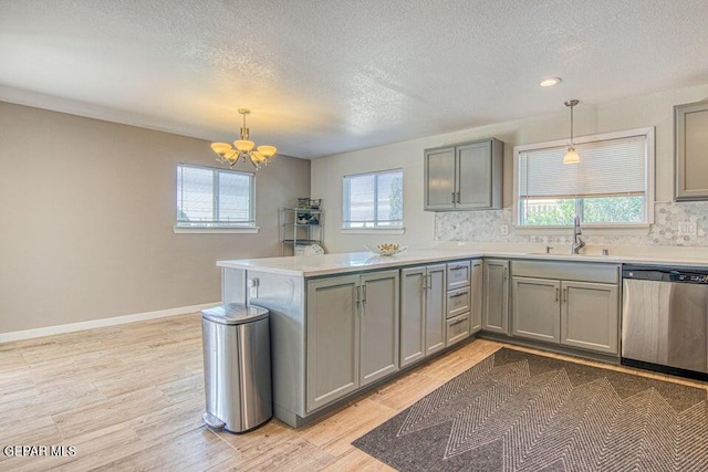 6504 Camino Fuente Dr, El Paso, TX 79912 - kitchen featuring stainless steel dishwasher, a sink, gray cabinets, a peninsula, and a textured ceiling