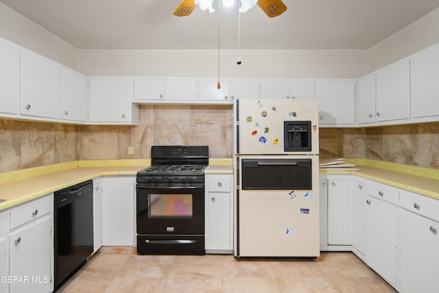 1611 N Kansas St, El Paso, TX 79902 - kitchen with black appliances, light countertops, a ceiling fan, tasteful backsplash, and white cabinets