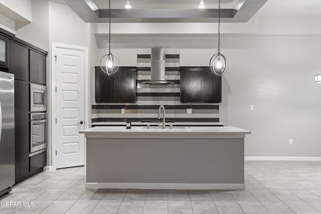 12287 Houghton Spgs, Horizon City, TX 79928 - kitchen featuring stainless steel appliances, island exhaust hood, a sink, light tile patterned flooring, and light countertops