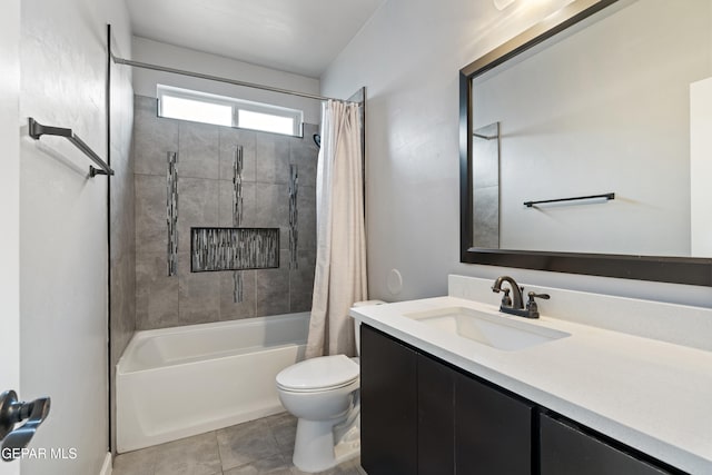 12287 Houghton Spgs, Horizon City, TX 79928 - full bath featuring shower / tub combo with curtain, vanity, toilet, and tile patterned floors