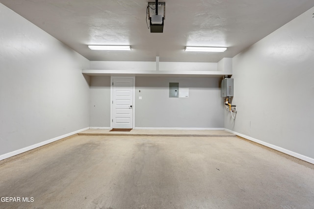 12287 Houghton Spgs, Horizon City, TX 79928 - garage with electric panel, water heater, baseboards, and a garage door opener