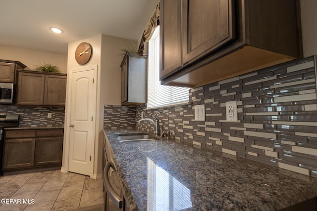 12301 Desert Heights Ct, El Paso, TX 79938 - kitchen featuring stainless steel microwave, black range oven, decorative backsplash, dark stone countertops, and dark brown cabinets