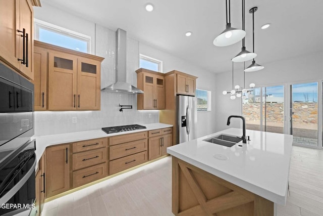 13399 Jeff Winton Dr, El Paso, TX 79928 - kitchen featuring a sink, wall chimney range hood, appliances with stainless steel finishes, decorative backsplash, and glass insert cabinets