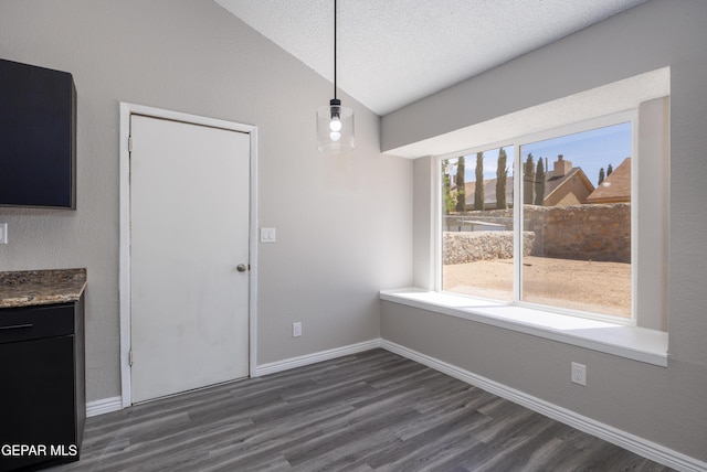 10704 Quartz St, El Paso, TX 79924 - unfurnished dining area featuring lofted ceiling, dark wood-style flooring, baseboards, and a textured ceiling