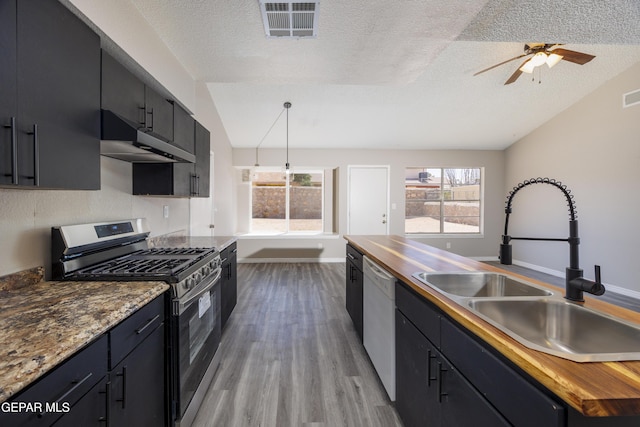10704 Quartz St, El Paso, TX 79924 - kitchen featuring stainless steel gas range, a sink, under cabinet range hood, dishwasher, and wood finished floors