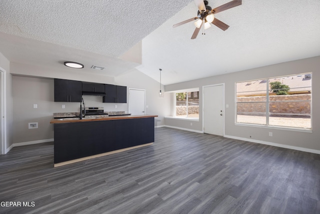 10704 Quartz St, El Paso, TX 79924 - kitchen with dark cabinets, stainless steel range oven, a textured ceiling, a ceiling fan, and baseboards