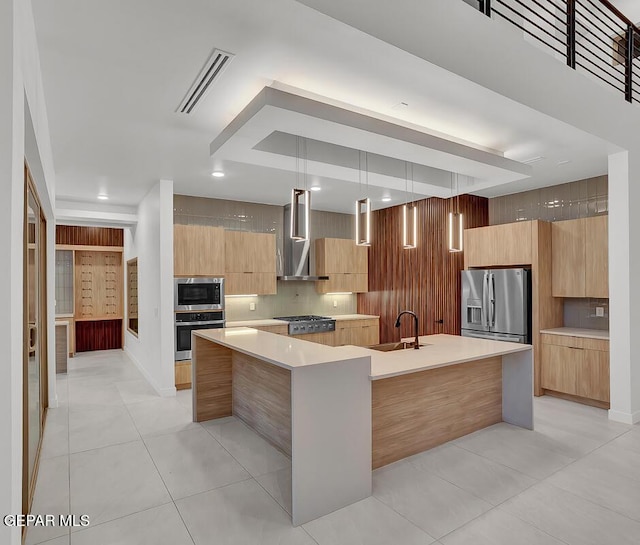 820 W Gate, El Paso, TX 79932 - kitchen featuring modern cabinets, appliances with stainless steel finishes, a sink, wall chimney exhaust hood, and tasteful backsplash