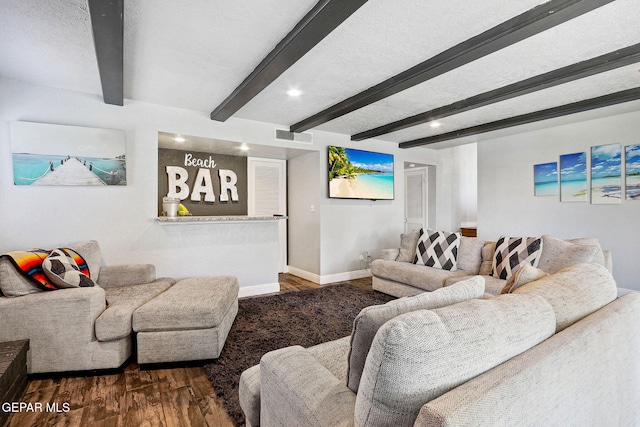 6008 Camino Alegre Dr, El Paso, TX 79912 - living area with wood finished floors, baseboards, beamed ceiling, and recessed lighting