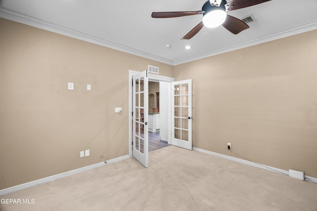 14624 Long Shadow Ave, El Paso, TX 79938 - spare room featuring french doors, crown molding, light carpet, baseboards, and ceiling fan