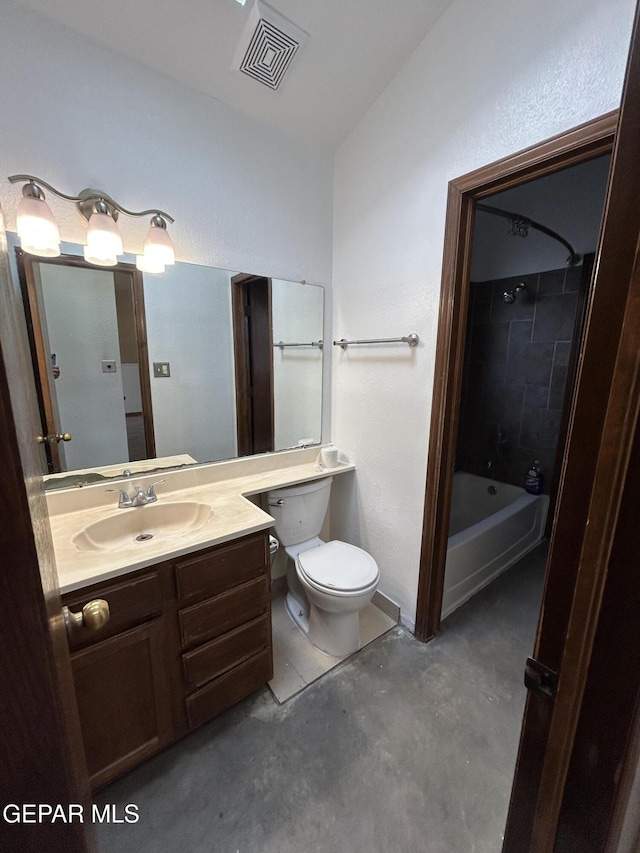 6061 Bridalveil Dr, El Paso, TX 79924 - bathroom featuring unfinished concrete floors, vanity, toilet, bathtub / shower combination, and lofted ceiling