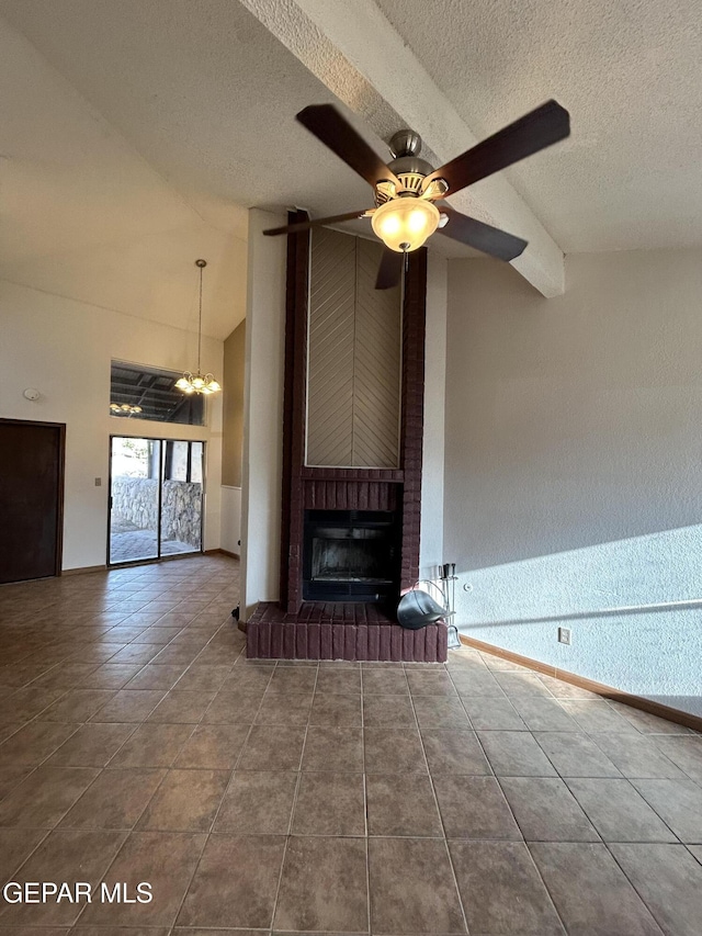 6061 Bridalveil Dr, El Paso, TX 79924 - unfurnished living room featuring a textured ceiling, a brick fireplace, high vaulted ceiling, baseboards, and ceiling fan