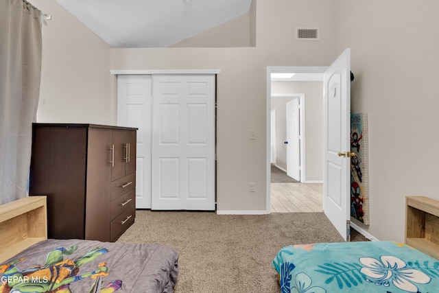 13324 Mitchell Dr, Horizon City, TX 79928 - carpeted bedroom featuring lofted ceiling, a closet, and baseboards