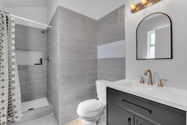 13324 Mitchell Dr, Horizon City, TX 79928 - bathroom featuring vanity, toilet, and a tile shower