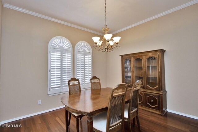 216 Desert Garden Dr, Santa Teresa, NM 88008 - dining room with a chandelier, dark wood-style floors, ornamental molding, and baseboards