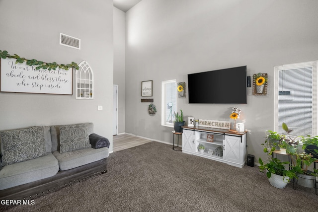 11562 Flor Gloriosa Dr, Socorro, TX 79927 - carpeted living area featuring a towering ceiling and baseboards