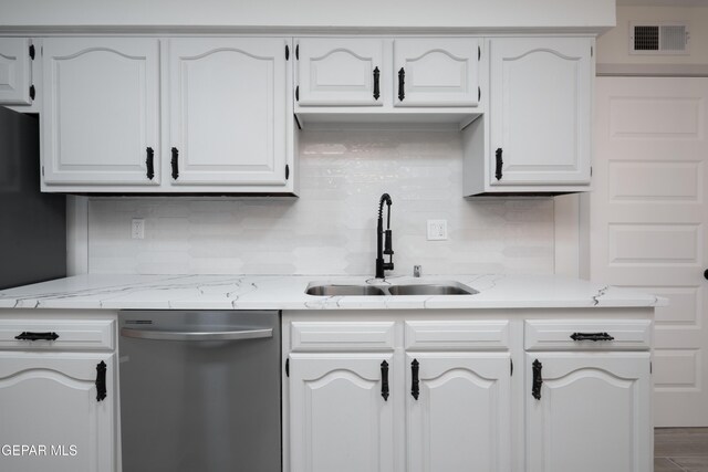6608 Los Altos Dr, El Paso, TX 79912 - kitchen with stainless steel dishwasher, a sink, decorative backsplash, and white cabinets