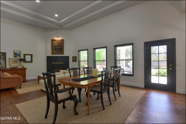 4490 Shadow Willow Dr, El Paso, TX 79922 - dining area with wood finished floors, a glass covered fireplace, baseboards, recessed lighting, and a towering ceiling