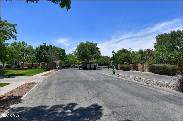 4490 Shadow Willow Dr, El Paso, TX 79922 - view of asphalt road with street lighting, a gated entry, sidewalks, curbs, and a gate