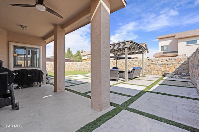 12800 Tierra Alexis Dr, El Paso, TX 79938 - fenced backyard with a patio area, a pergola, and a ceiling fan