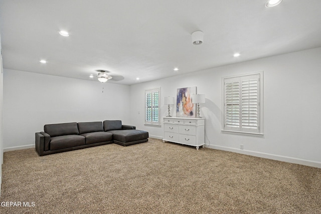 6006 Balcones Ct Unit 19, El Paso, TX 79912 - living area with carpet, recessed lighting, baseboards, and ceiling fan