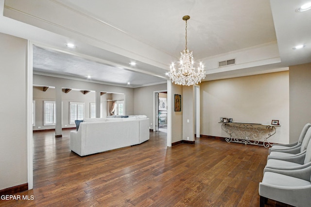 6006 Balcones Ct Unit 19, El Paso, TX 79912 - living area with dark wood-style floors, ornamental molding, a chandelier, baseboards, and recessed lighting