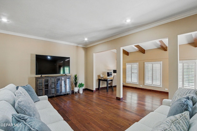 6006 Balcones Ct Unit 19, El Paso, TX 79912 - living room with wood finished floors, recessed lighting, baseboards, crown molding, and beam ceiling