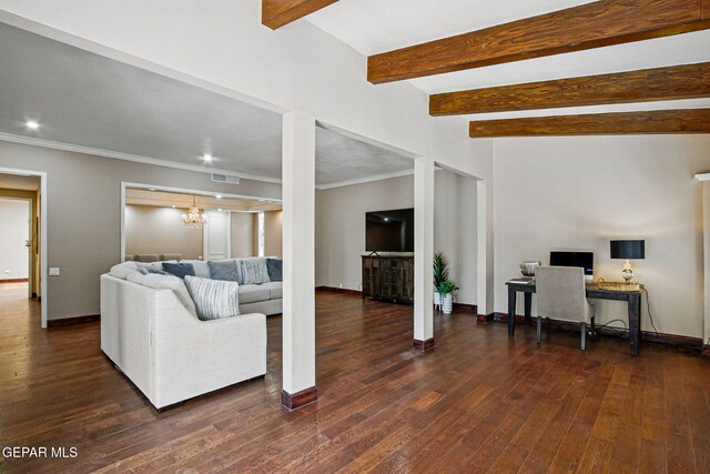 6006 Balcones Ct Unit 19, El Paso, TX 79912 - living area featuring baseboards, a chandelier, dark wood-style floors, beam ceiling, and a desk