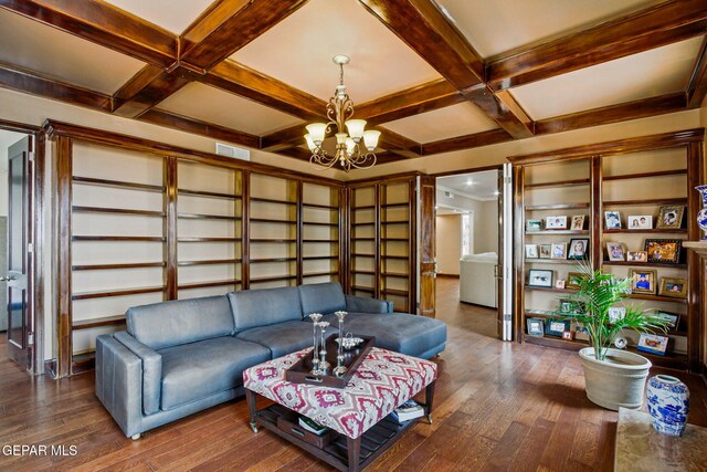 6006 Balcones Ct Unit 19, El Paso, TX 79912 - living room featuring hardwood / wood-style flooring, coffered ceiling, a chandelier, and beamed ceiling