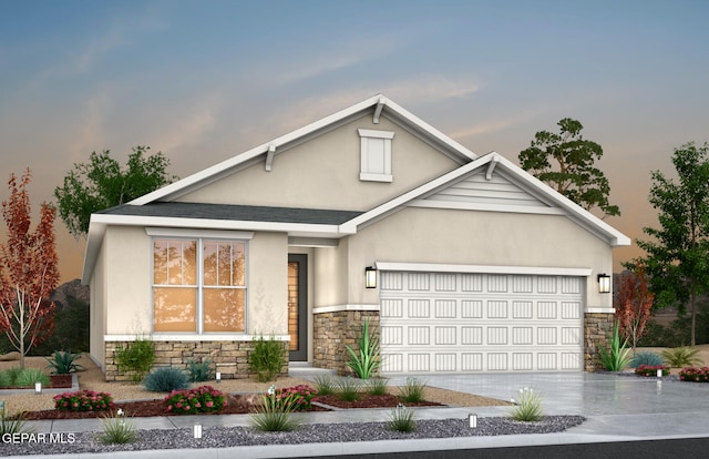 13905 Summer Hail Ave, Horizon City, TX 79928 - traditional-style house featuring stone siding, stucco siding, an attached garage, concrete driveway, and roof with shingles