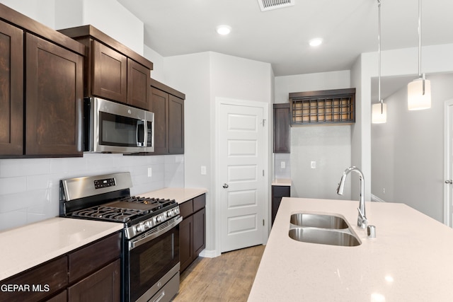 13905 Summer Hail Ave, Horizon City, TX 79928 - kitchen with stainless steel appliances, a sink, dark brown cabinetry, light wood-style flooring, and backsplash