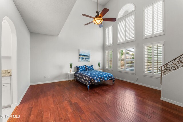 6308 Franklin Vis, El Paso, TX 79912 - bedroom with high vaulted ceiling, arched walkways, wood finished floors, baseboards, and ceiling fan