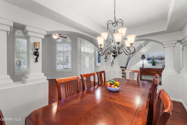 6308 Franklin Vis, El Paso, TX 79912 - dining room with wood finished floors, a ceiling fan, arched walkways, ornate columns, and baseboards