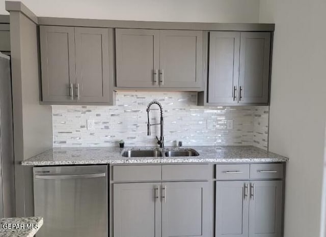 497 Plateau Dr, Socorro, TX 79927 - kitchen featuring stainless steel dishwasher, a sink, gray cabinets, and decorative backsplash