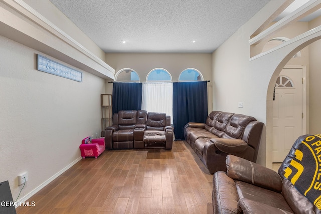 2297 Lisa Sherr St, El Paso, TX 79938 - living room featuring arched walkways, wood finished floors, a textured ceiling, and baseboards