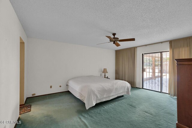 1126 Loma Verde Dr, El Paso, TX 79936 - bedroom with carpet flooring, access to outside, a textured ceiling, and ceiling fan