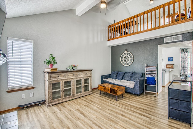 4521 Loma De Plata Dr, El Paso, TX 79934 - living room featuring wood finished floors, a ceiling fan, a textured wall, beam ceiling, and baseboards