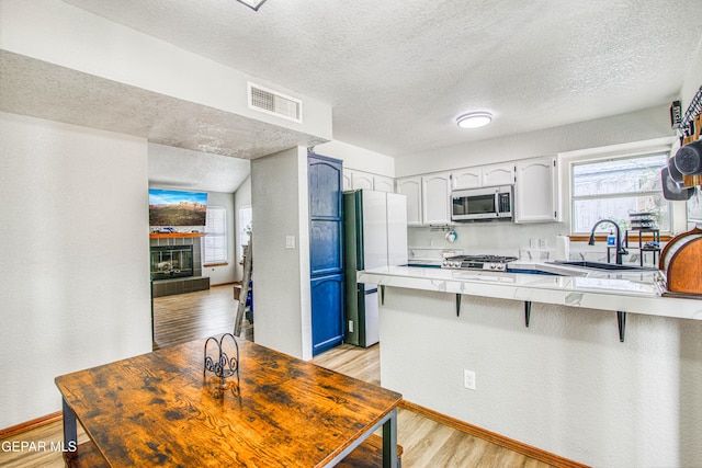 4521 Loma De Plata Dr, El Paso, TX 79934 - kitchen with stainless steel microwave, a peninsula, light wood finished floors, a textured ceiling, and freestanding refrigerator