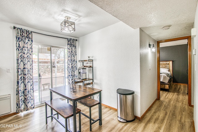 4521 Loma De Plata Dr, El Paso, TX 79934 - dining space with a textured wall, a textured ceiling, light wood finished floors, and baseboards
