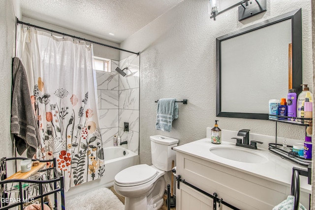 4521 Loma De Plata Dr, El Paso, TX 79934 - bathroom with a textured wall, vanity, toilet, a textured ceiling, and shower / bathtub combination with curtain