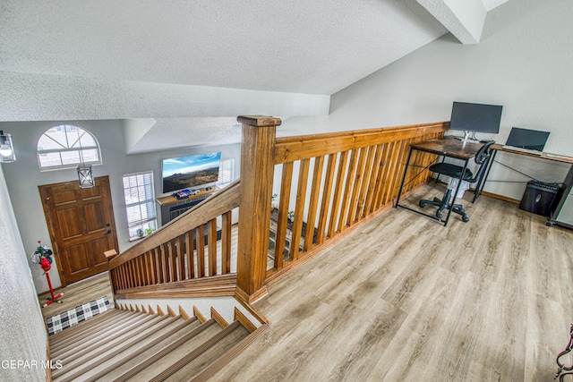 4521 Loma De Plata Dr, El Paso, TX 79934 - unfurnished office with a textured ceiling, wood finished floors, and lofted ceiling