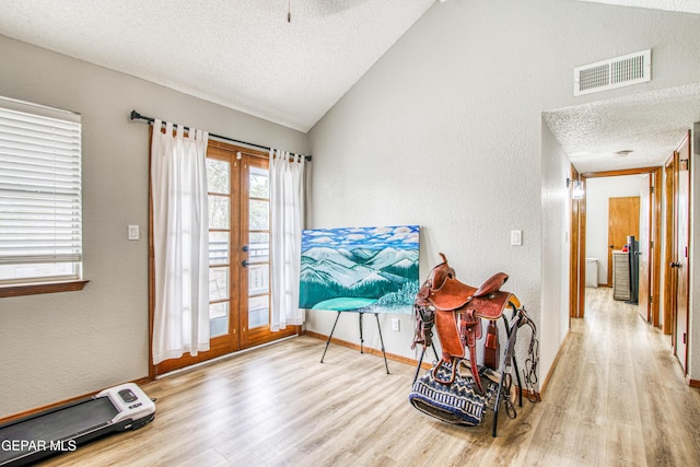 4521 Loma De Plata Dr, El Paso, TX 79934 - sitting room with wood finished floors, lofted ceiling, a textured ceiling, plenty of natural light, and a textured wall
