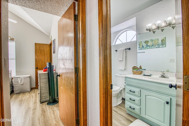 4521 Loma De Plata Dr, El Paso, TX 79934 - bathroom featuring vaulted ceiling, wood finished floors, vanity, toilet, and a textured ceiling