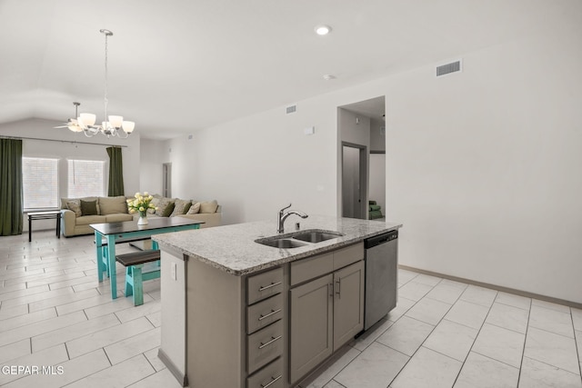 13804 Sky Ranger Ave, Horizon City, TX 79928 - kitchen featuring stainless steel dishwasher, a sink, gray cabinets, a chandelier, and a center island with sink