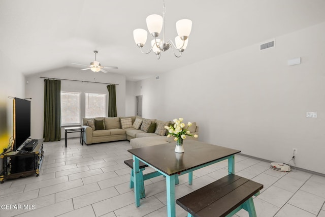 13804 Sky Ranger Ave, Horizon City, TX 79928 - living area featuring a ceiling fan, a chandelier, and lofted ceiling