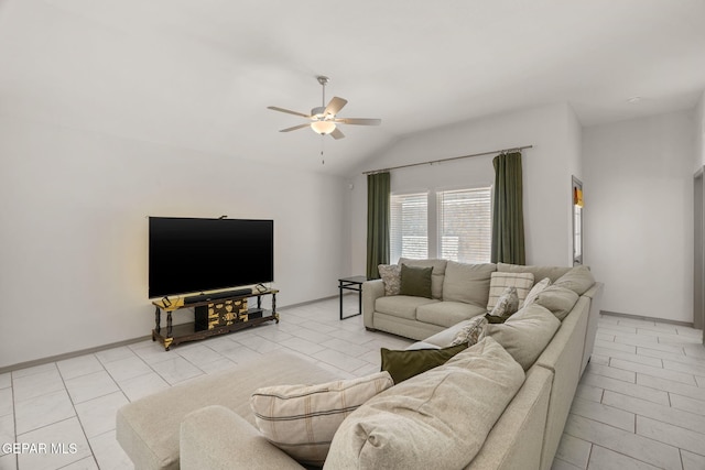 13804 Sky Ranger Ave, Horizon City, TX 79928 - living room with ceiling fan, lofted ceiling, tile patterned flooring, and baseboards