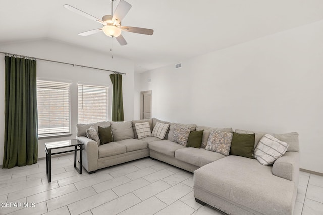 13804 Sky Ranger Ave, Horizon City, TX 79928 - living room featuring ceiling fan and vaulted ceiling