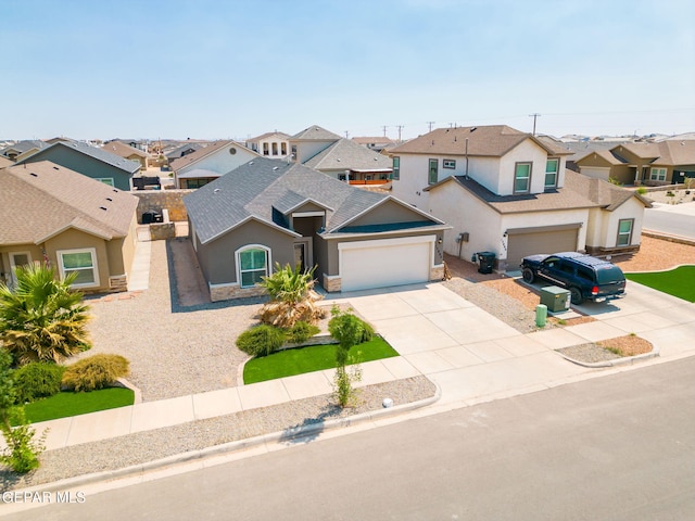 13804 Sky Ranger Ave, Horizon City, TX 79928 - view of front of property with a residential view, stucco siding, concrete driveway, an attached garage, and a shingled roof