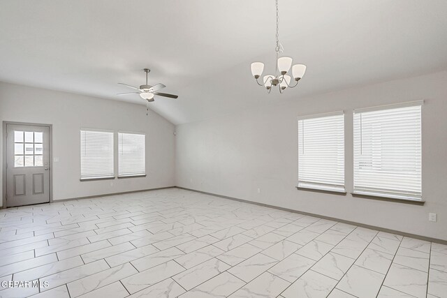 1129 Indigo Sky St, El Paso, TX 79928 - spare room featuring a ceiling fan, a chandelier, light marble finish floors, lofted ceiling, and baseboards