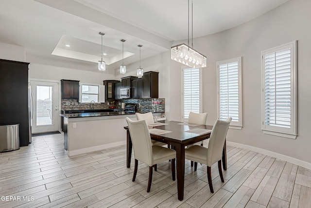 14733 Charles Foster Ave, El Paso, TX 79938 - dining room featuring light wood-type flooring, a tray ceiling, and baseboards